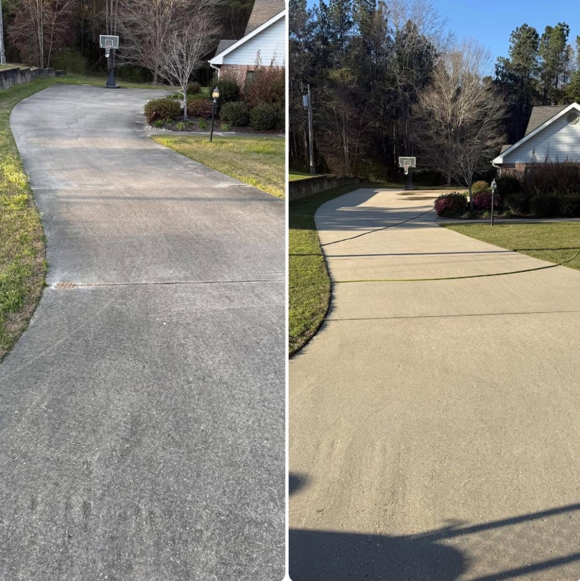 Freshly pressure washed concrete driveway